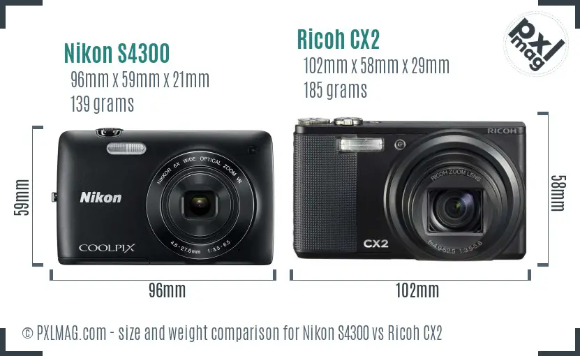 Nikon S4300 vs Ricoh CX2 size comparison