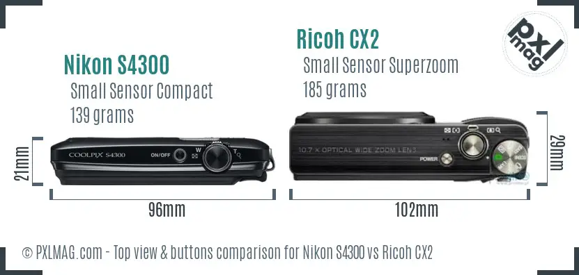 Nikon S4300 vs Ricoh CX2 top view buttons comparison