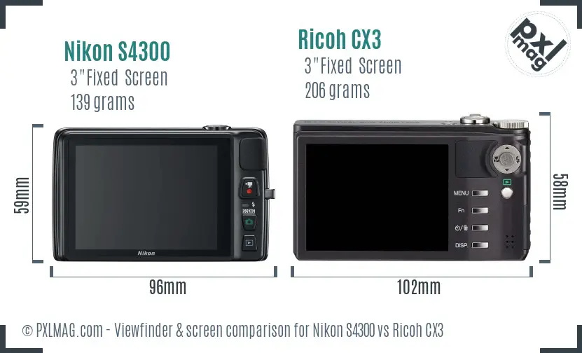 Nikon S4300 vs Ricoh CX3 Screen and Viewfinder comparison