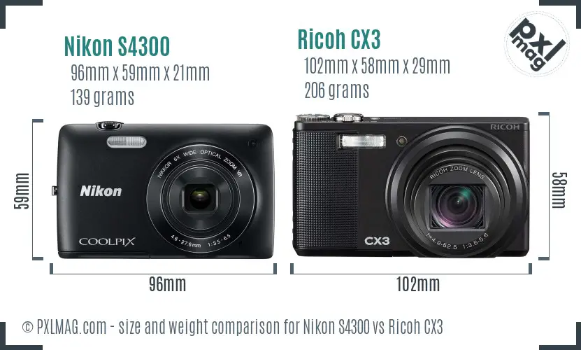 Nikon S4300 vs Ricoh CX3 size comparison
