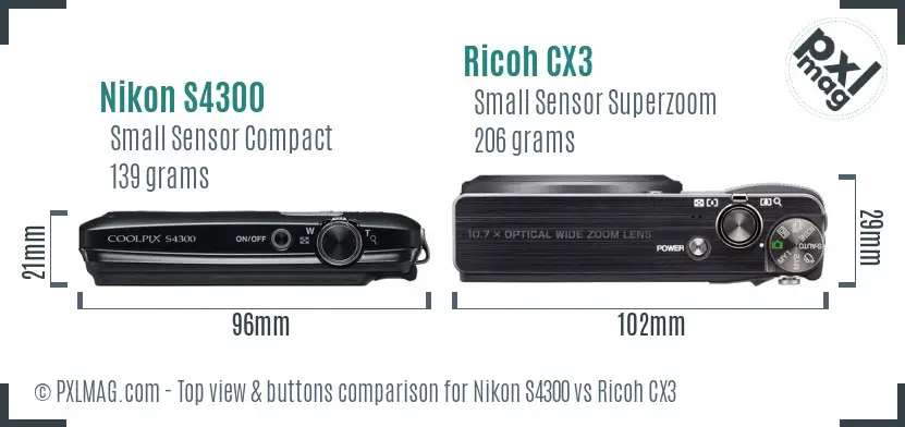Nikon S4300 vs Ricoh CX3 top view buttons comparison