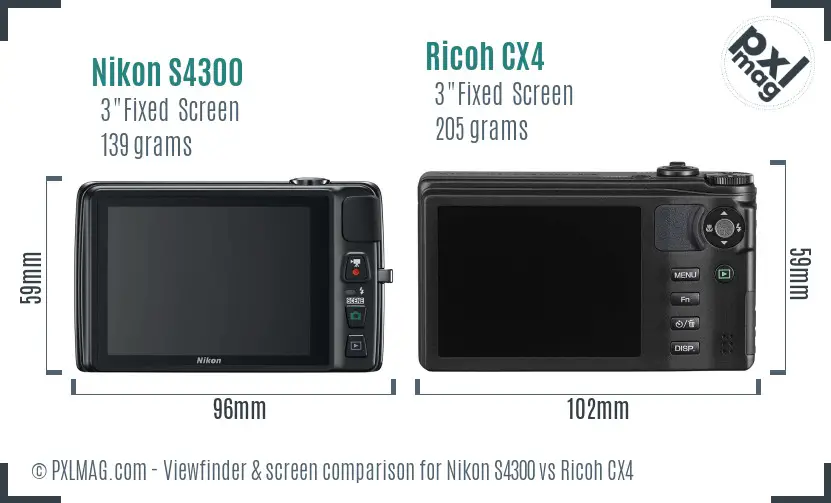Nikon S4300 vs Ricoh CX4 Screen and Viewfinder comparison