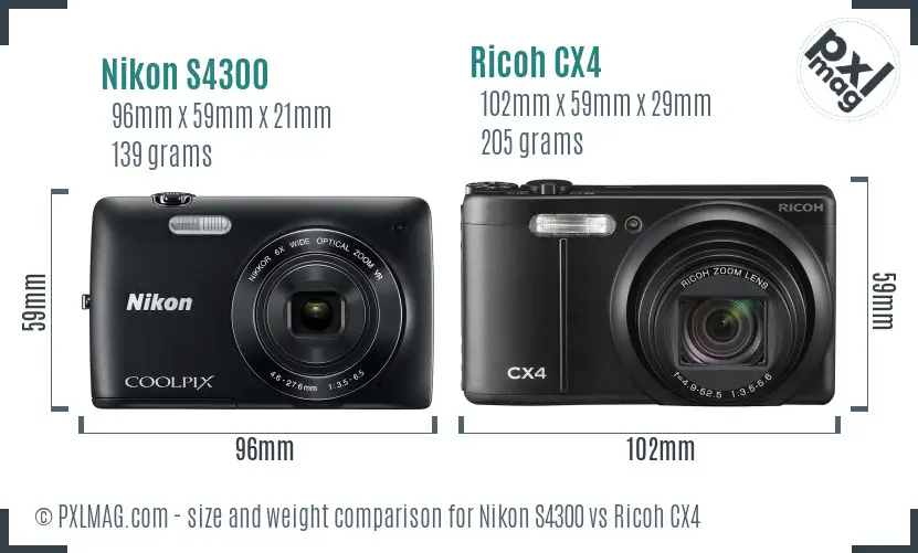 Nikon S4300 vs Ricoh CX4 size comparison