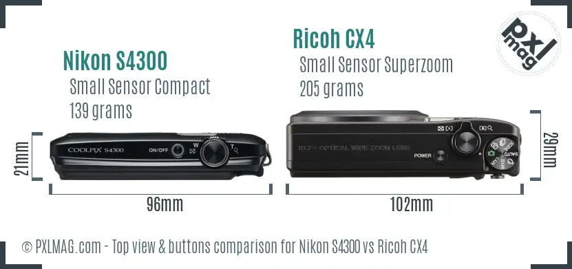 Nikon S4300 vs Ricoh CX4 top view buttons comparison