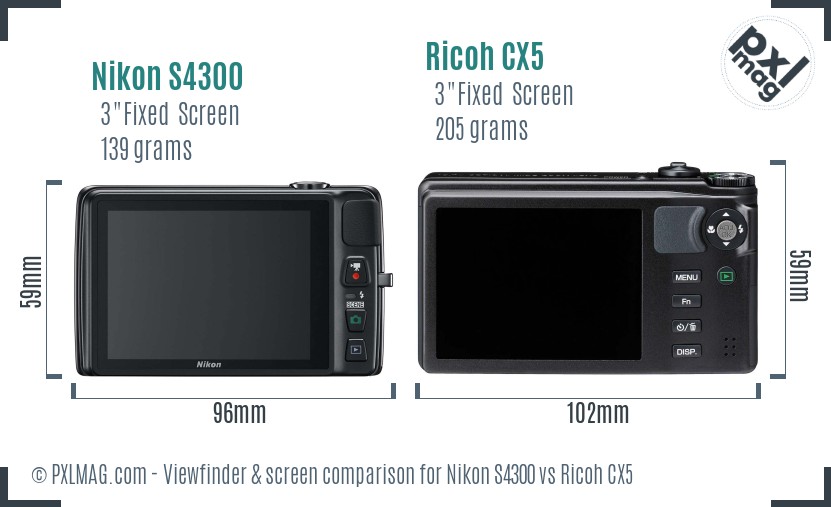 Nikon S4300 vs Ricoh CX5 Screen and Viewfinder comparison