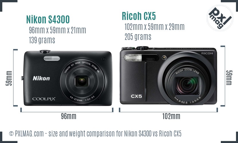 Nikon S4300 vs Ricoh CX5 size comparison