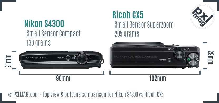 Nikon S4300 vs Ricoh CX5 top view buttons comparison