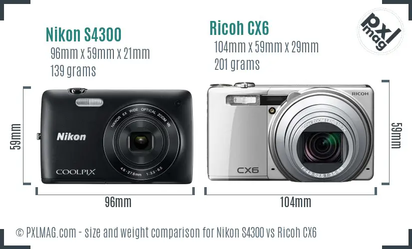 Nikon S4300 vs Ricoh CX6 size comparison