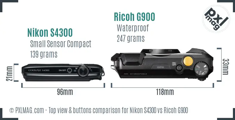 Nikon S4300 vs Ricoh G900 top view buttons comparison Nikon S4300 vs Ricoh G900 top view buttons comparison