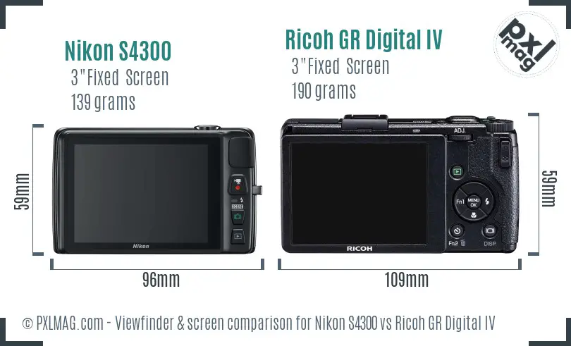 Nikon S4300 vs Ricoh GR Digital IV Screen and Viewfinder comparison