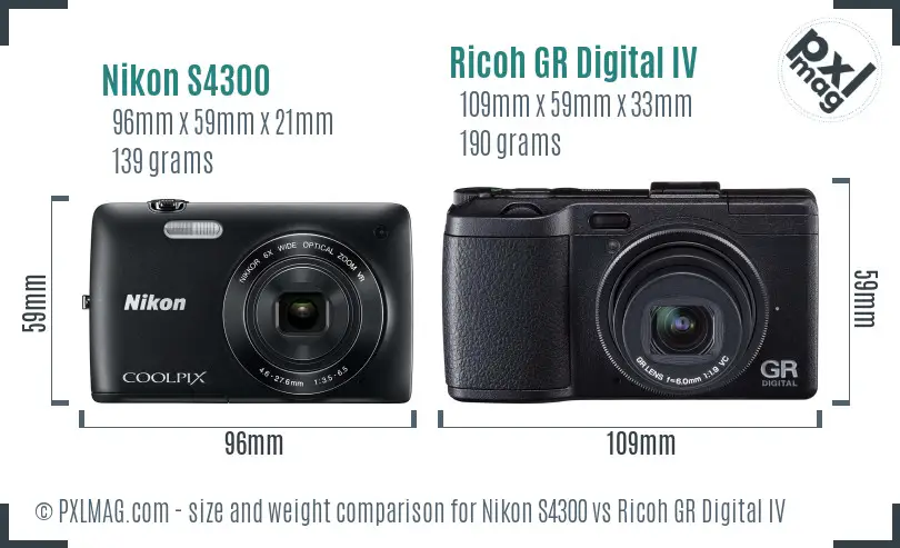 Nikon S4300 vs Ricoh GR Digital IV size comparison