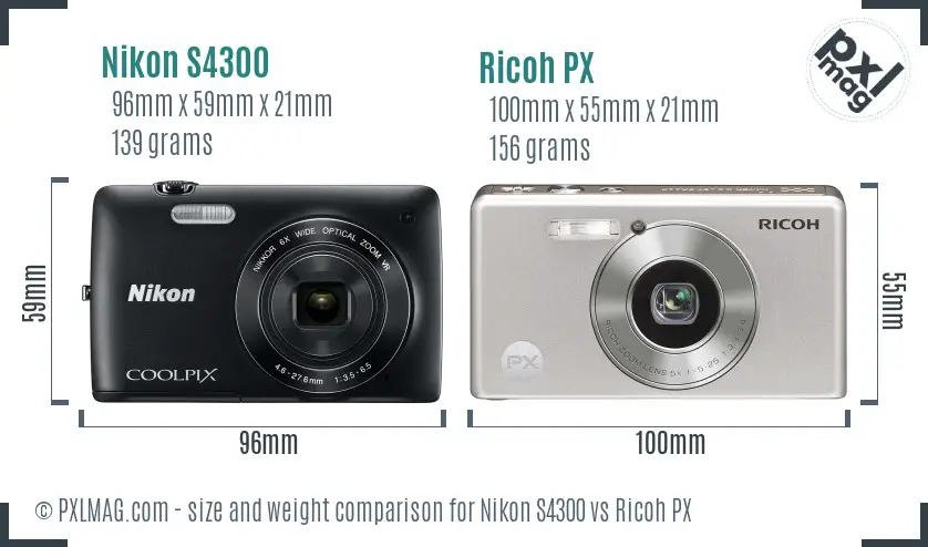 Nikon S4300 vs Ricoh PX size comparison