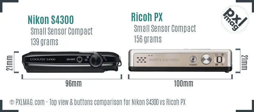 Nikon S4300 vs Ricoh PX top view buttons comparison