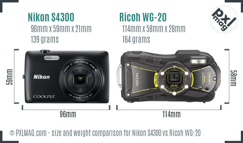 Nikon S4300 vs Ricoh WG-20 size comparison