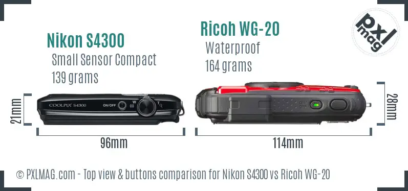 Nikon S4300 vs Ricoh WG-20 top view buttons comparison