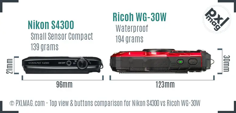 Nikon S4300 vs Ricoh WG-30W top view buttons comparison