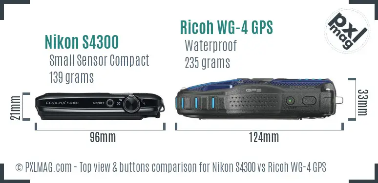 Nikon S4300 vs Ricoh WG-4 GPS top view buttons comparison