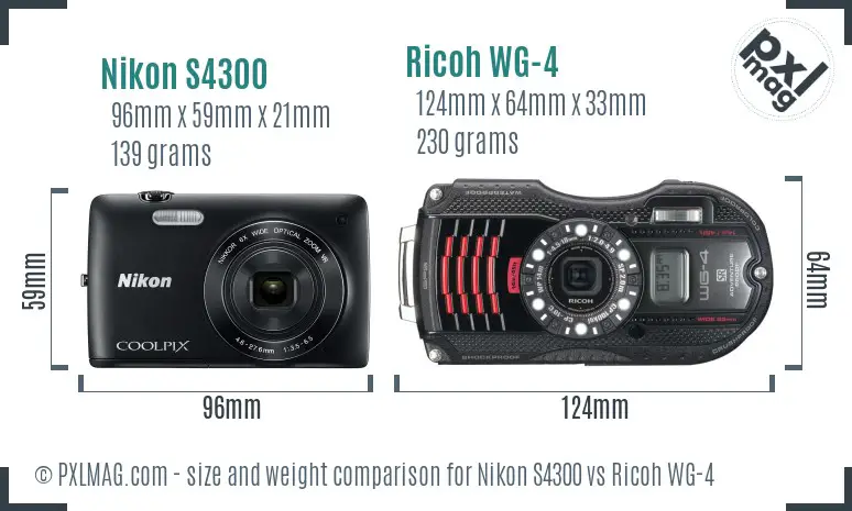 Nikon S4300 vs Ricoh WG-4 size comparison