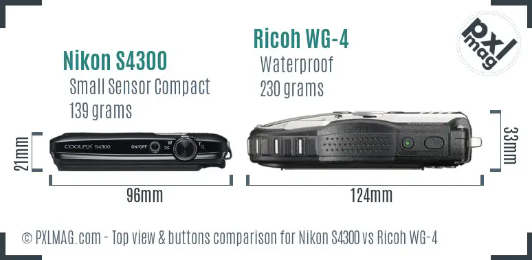 Nikon S4300 vs Ricoh WG-4 top view buttons comparison