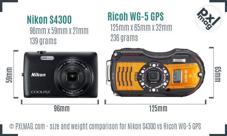 Nikon S4300 vs Ricoh WG-5 GPS size comparison