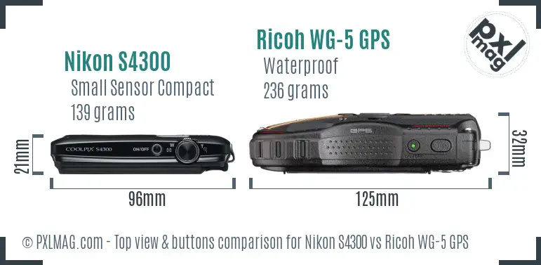 Nikon S4300 vs Ricoh WG-5 GPS top view buttons comparison