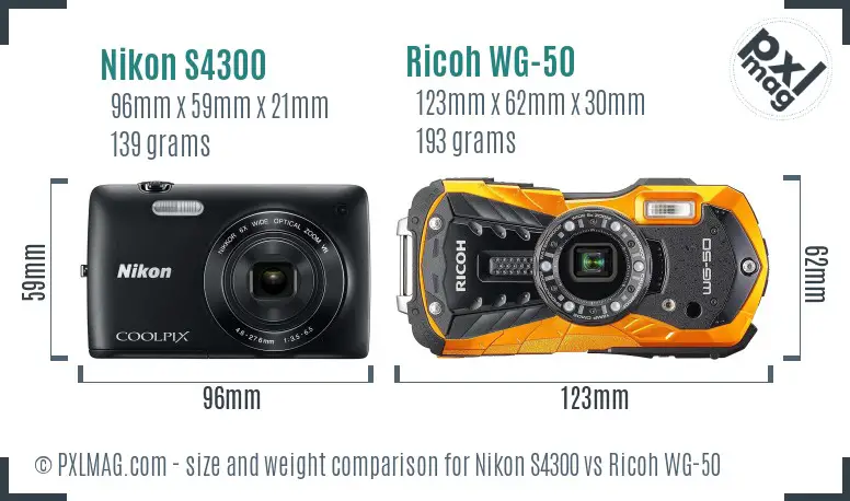 Nikon S4300 vs Ricoh WG-50 size comparison