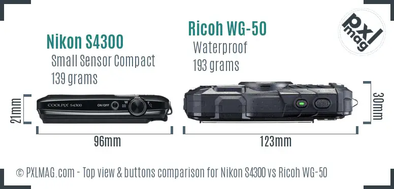 Nikon S4300 vs Ricoh WG-50 top view buttons comparison