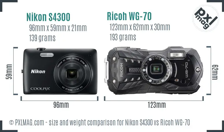 Nikon S4300 vs Ricoh WG-70 size comparison