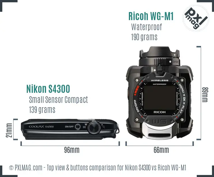 Nikon S4300 vs Ricoh WG-M1 top view buttons comparison