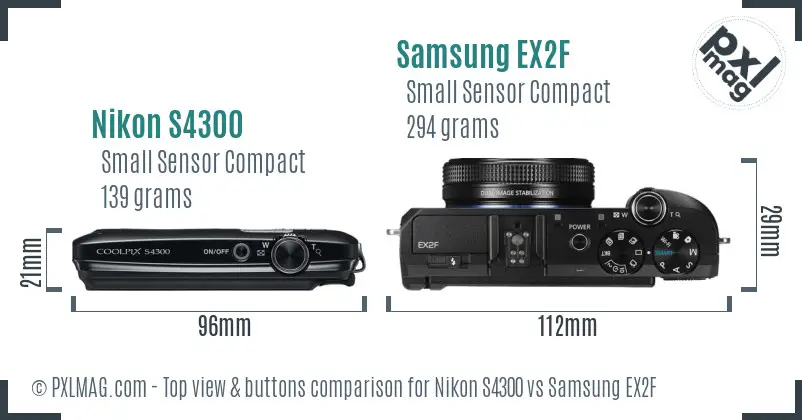 Nikon S4300 vs Samsung EX2F top view buttons comparison