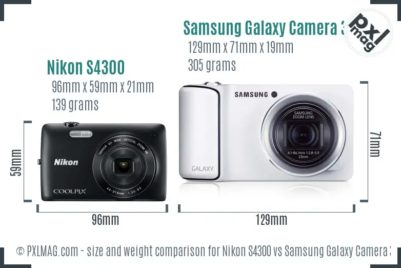 Nikon S4300 vs Samsung Galaxy Camera 3G size comparison