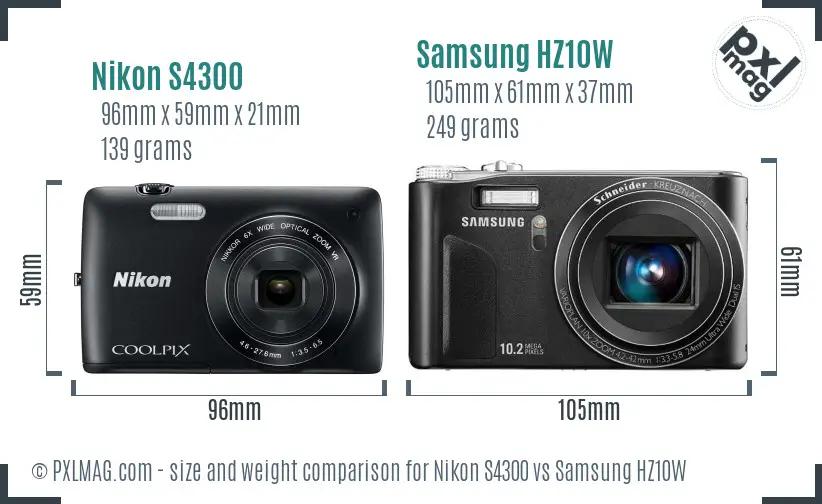 Nikon S4300 vs Samsung HZ10W size comparison