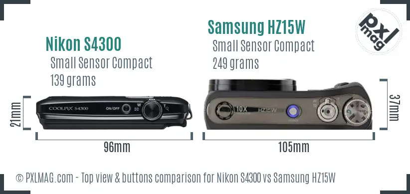 Nikon S4300 vs Samsung HZ15W top view buttons comparison Nikon S4300 vs Samsung HZ15W top view buttons comparison