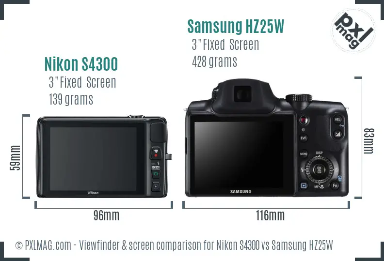 Nikon S4300 vs Samsung HZ25W Screen and Viewfinder comparison