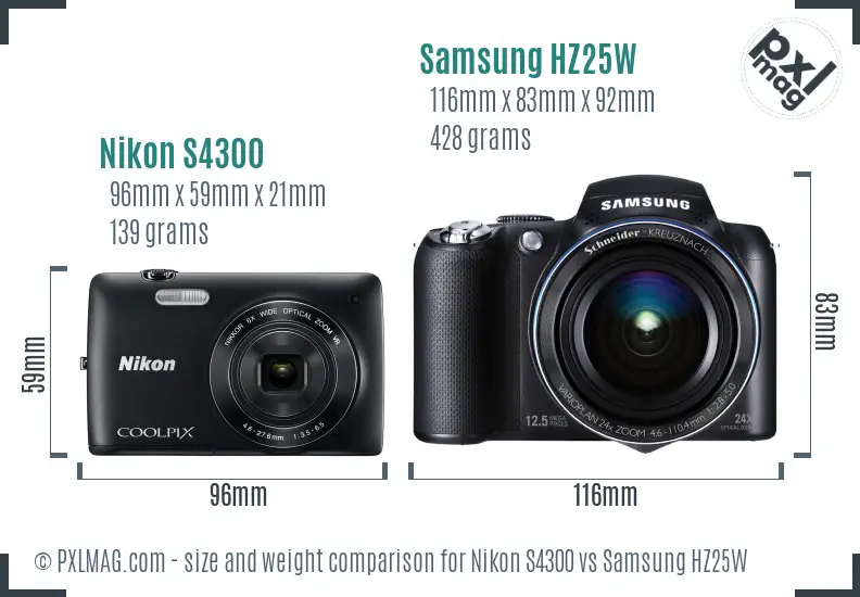 Nikon S4300 vs Samsung HZ25W size comparison