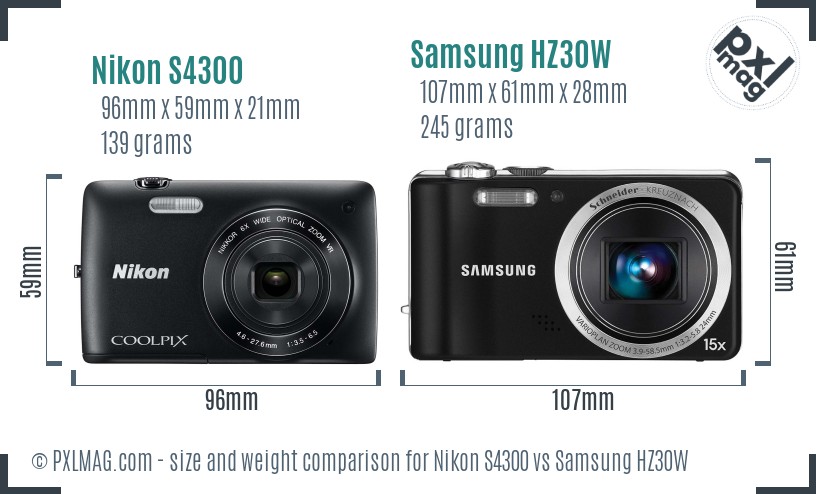 Nikon S4300 vs Samsung HZ30W size comparison