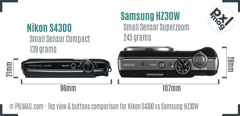 Nikon S4300 vs Samsung HZ30W top view buttons comparison