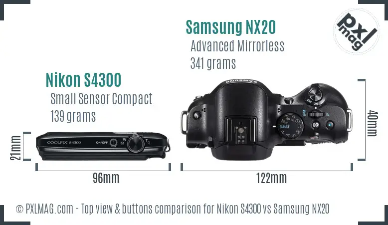 Nikon S4300 vs Samsung NX20 top view buttons comparison