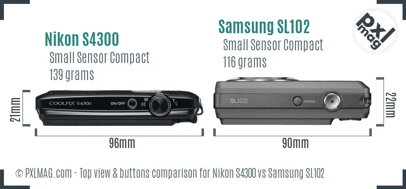 Nikon S4300 vs Samsung SL102 top view buttons comparison