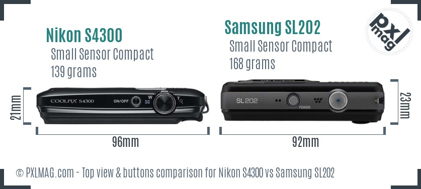 Nikon S4300 vs Samsung SL202 top view buttons comparison