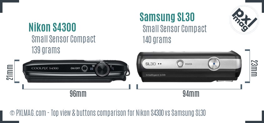Nikon S4300 vs Samsung SL30 top view buttons comparison