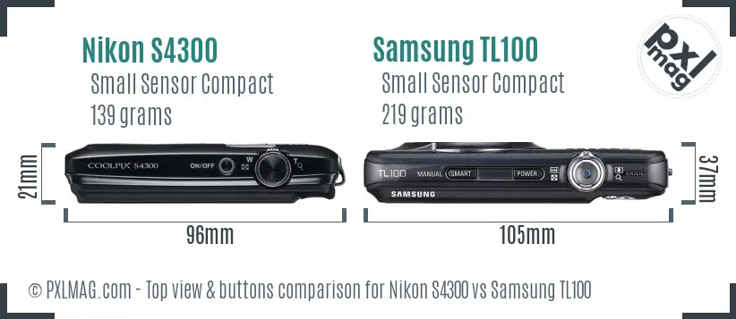 Nikon S4300 vs Samsung TL100 top view buttons comparison