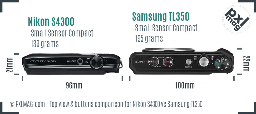 Nikon S4300 vs Samsung TL350 top view buttons comparison Nikon S4300 vs Samsung TL350 top view buttons comparison