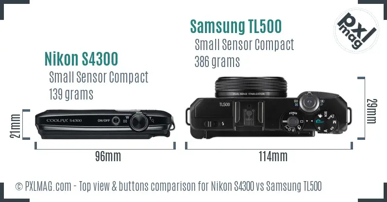 Nikon S4300 vs Samsung TL500 top view buttons comparison