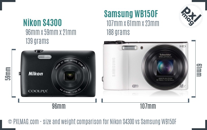 Nikon S4300 vs Samsung WB150F size comparison