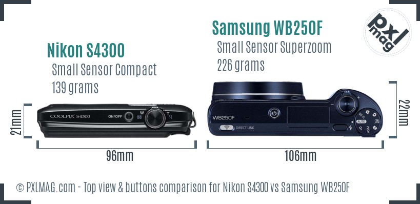 Nikon S4300 vs Samsung WB250F top view buttons comparison