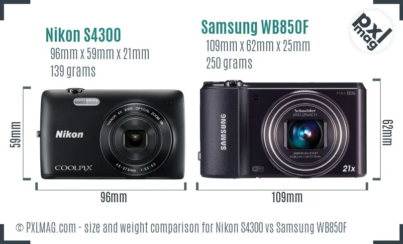 Nikon S4300 vs Samsung WB850F size comparison