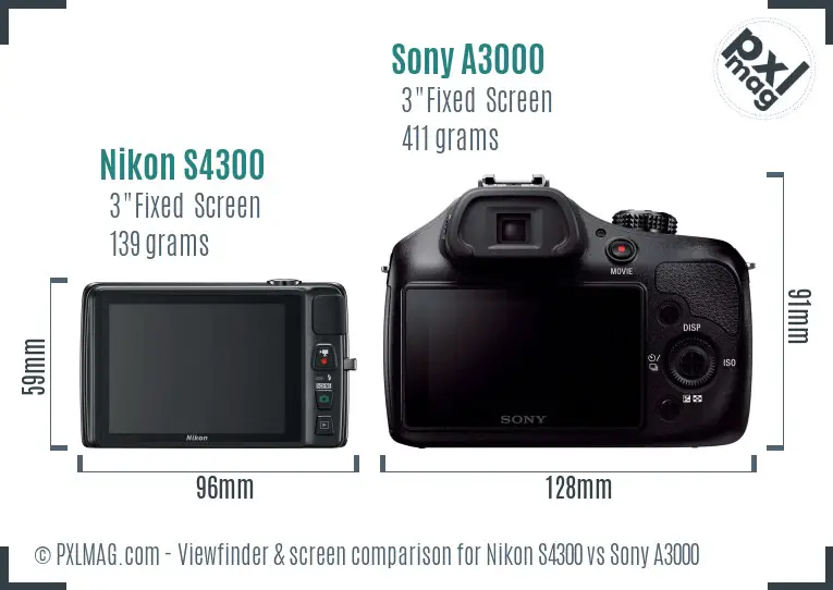 Nikon S4300 vs Sony A3000 Screen and Viewfinder comparison