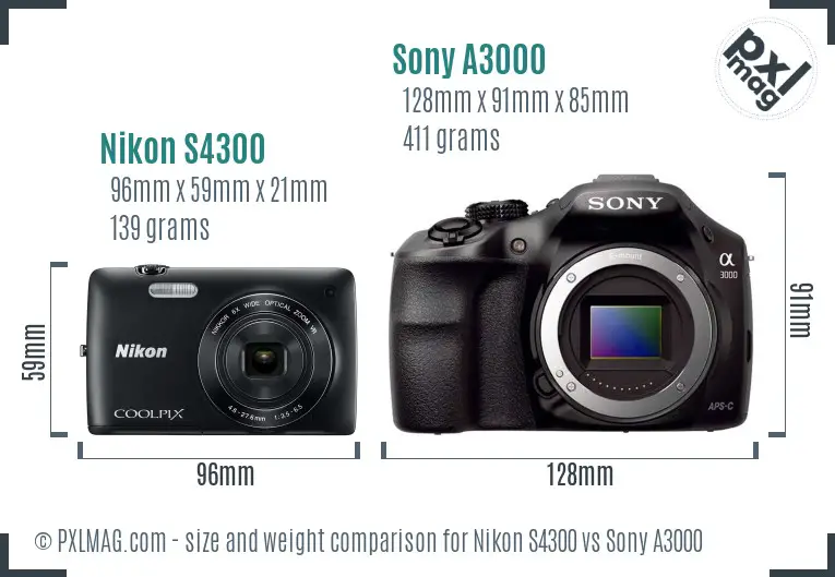 Nikon S4300 vs Sony A3000 size comparison