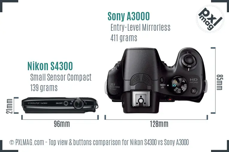 Nikon S4300 vs Sony A3000 top view buttons comparison